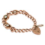 A 9CT GOLD OPEN CURB LINK BRACELET, set with an opal and further gemstones, with padlock clasp, ca