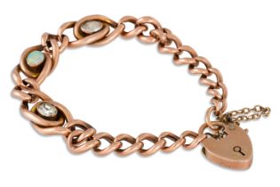 A 9CT GOLD OPEN CURB LINK BRACELET, set with an opal and further gemstones, with padlock clasp, ca