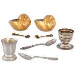 A SET OF FRENCH CHRISTENING EGG CUP AND SPOON, together with a pair of salt condiments