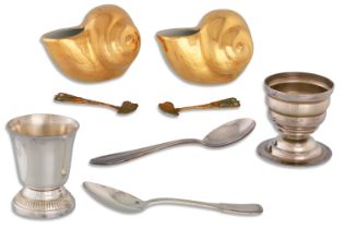 A SET OF FRENCH CHRISTENING EGG CUP AND SPOON, together with a pair of salt condiments