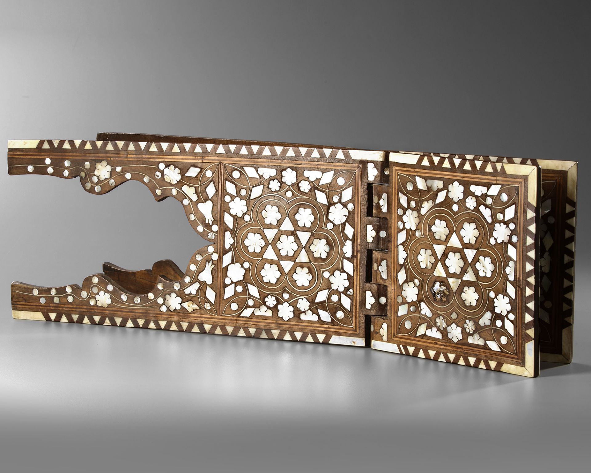 A MOTHER OF PEARL AND BONE INLAID WOODEN QURAN STAND, 20TH CENTURY - Image 4 of 5