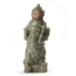 A CHINESE CELADON GUAN YU FIGURE, MING DYNASTY, 15TH CENTURY