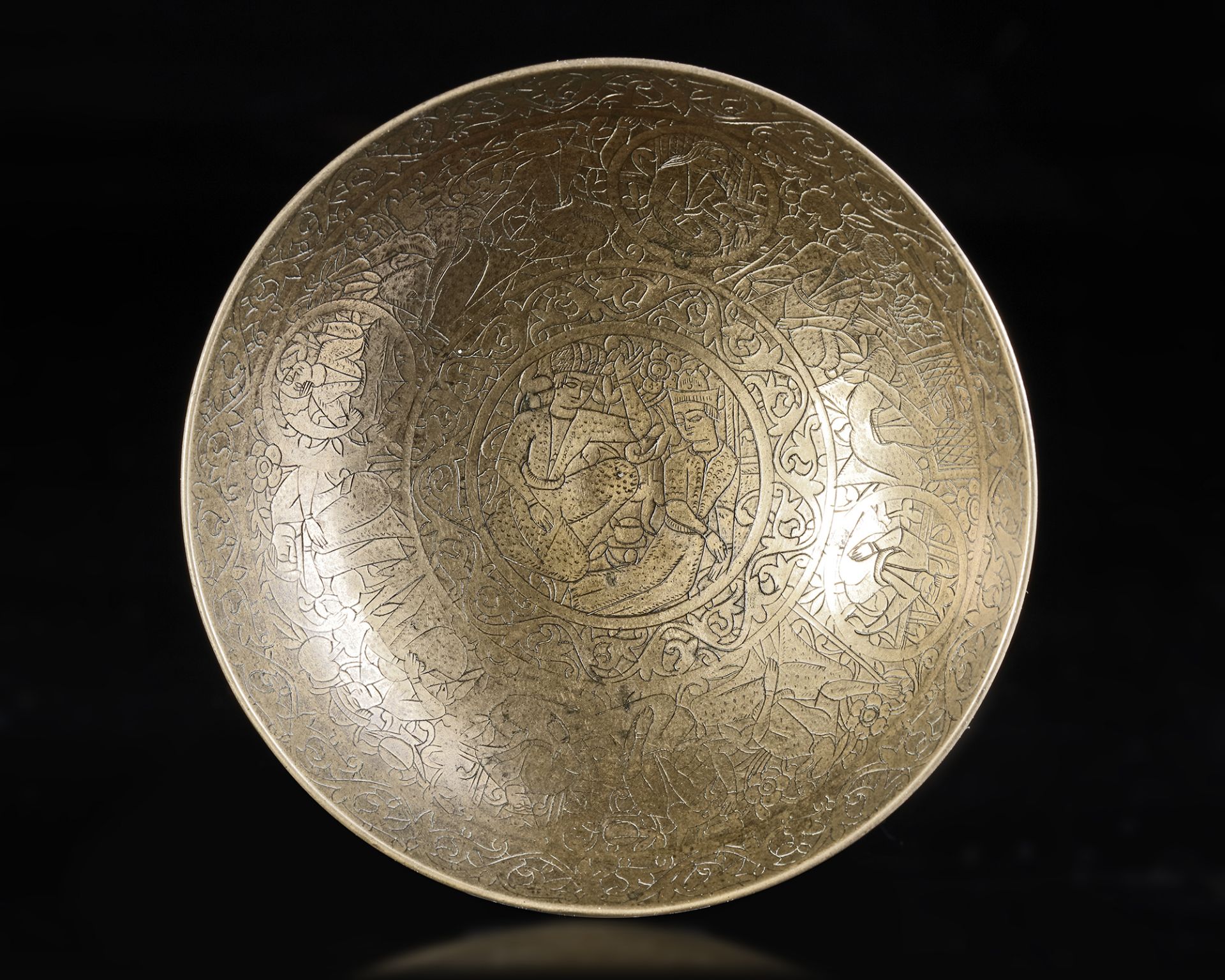 A PERSIAN GILT BRONZE MAGIC BOWL, PERSIA QAJAR DATED 1208 AH/1793 AD