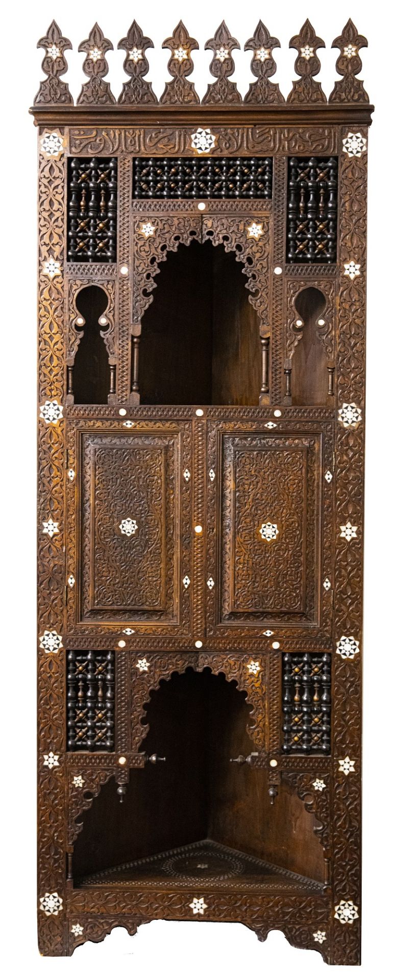 A SYRIAN BONE INLAID HARDWOOD CORNER CABINET, 19TH CENTURY