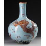 A LARGE FAMILLE ROSE TURQUOISE-GROUND BOTTLE VASE, TIANQIUPING, QIANLONG SEAL MARK IN IRON RED,19TH