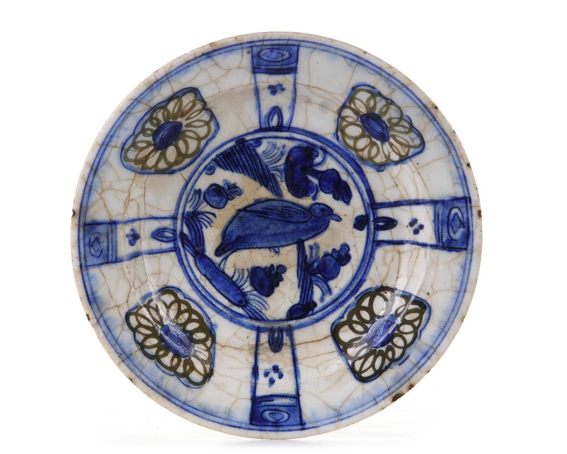 A KUBACHI UNDERGLAZE-PAINTED POTTERY DISH, PERSIA, 17TH CENTURY