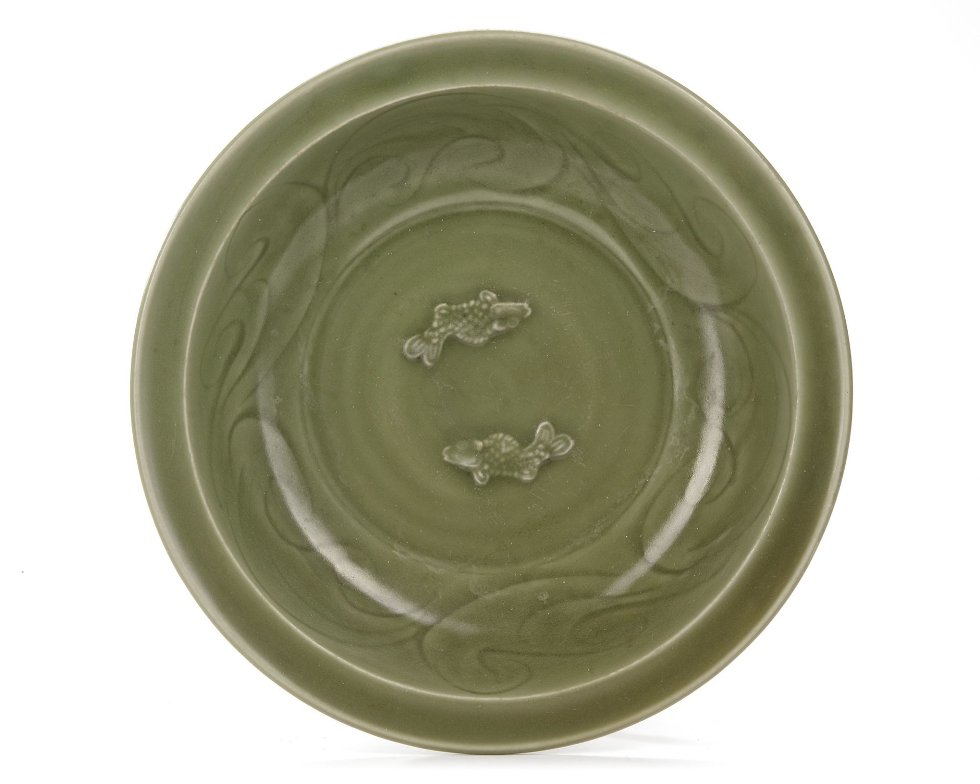 A CHINESE LONGQUAN CELADON TWIN FISH DISH, YUAN DYNASTY (1271-1368 AD)