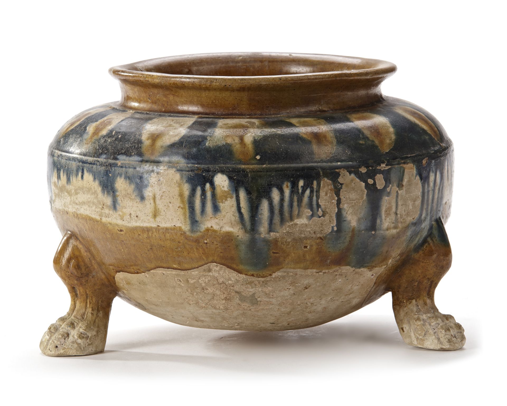 A SANCAI AND BLUE GLAZED TRIPOD CENSER, TANG DYNASTY (618-907)