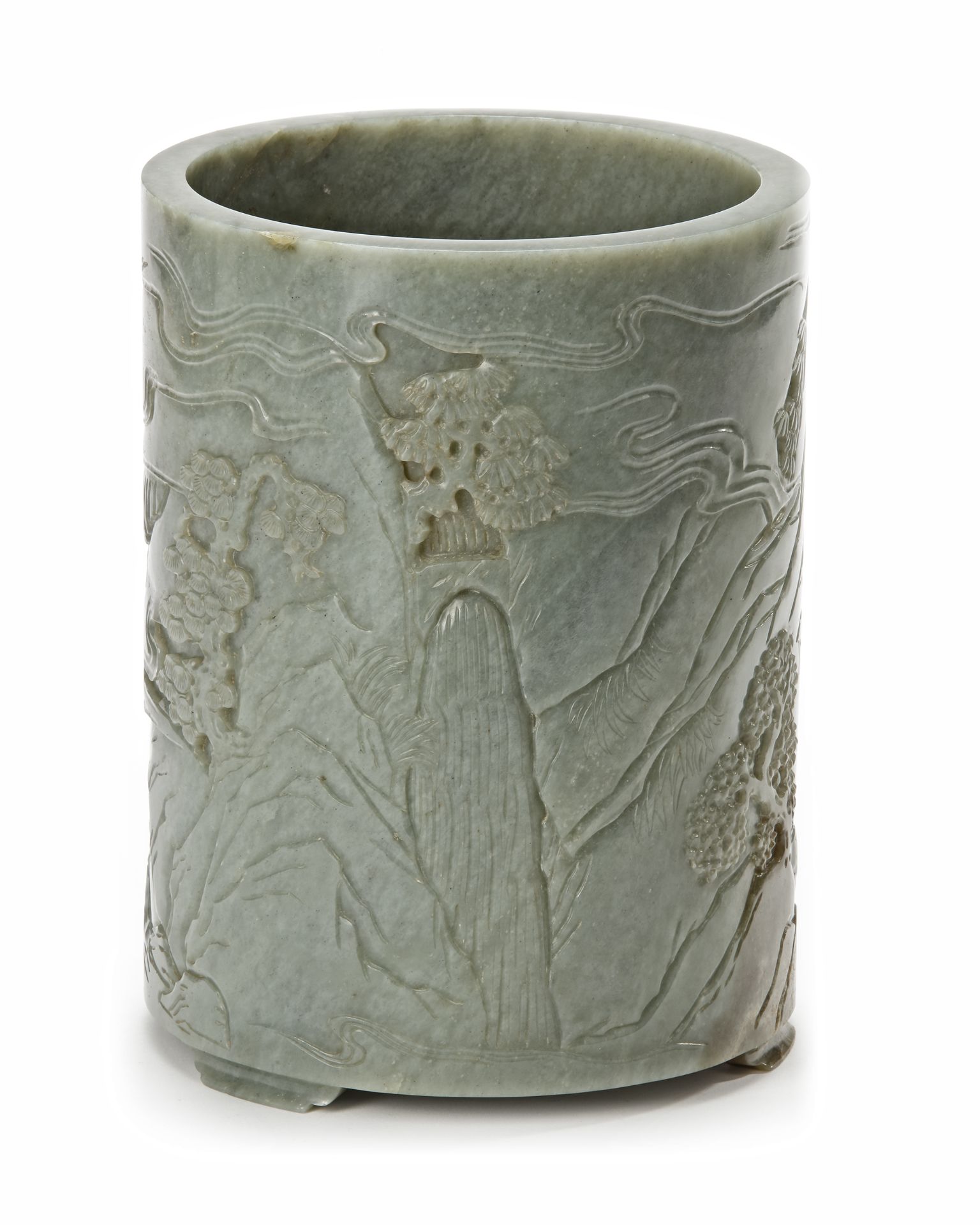 A CHINESE CARVED SPINACH-GREEN JADE BRUSH POT, 19TH CENTURY - Image 2 of 4