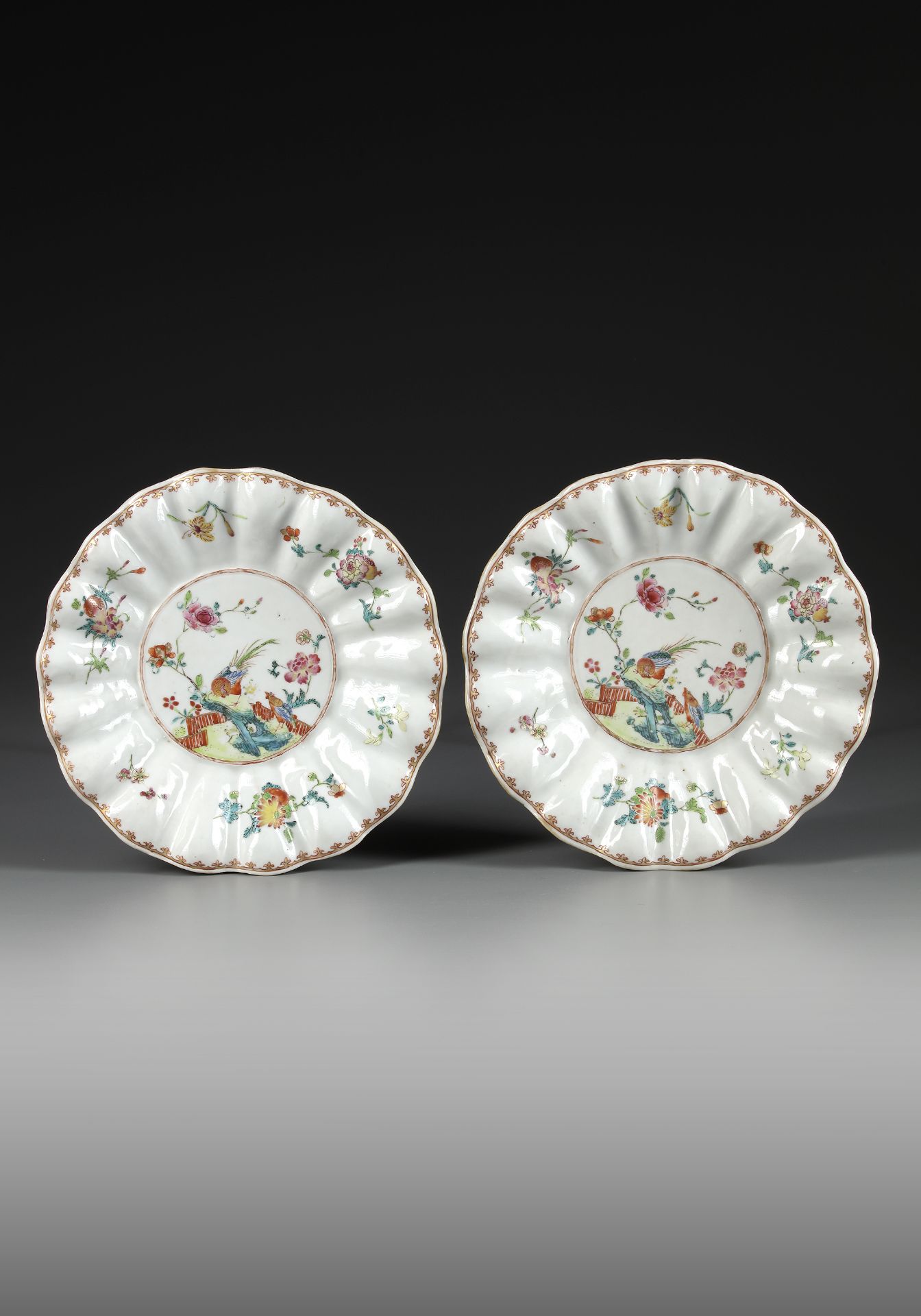 A PAIR OF CHINESE FAMILLE ROSE 'PHEASANT AND PEONY' SCALLOPED-RIM DISHES, QIANLONG PERIOD (1736-1795