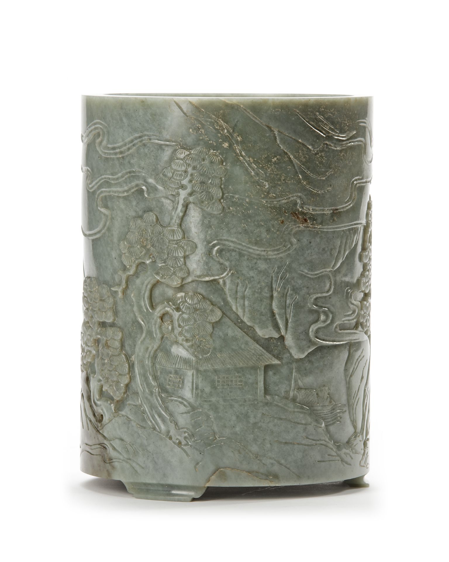 A CHINESE CARVED SPINACH-GREEN JADE BRUSH POT, 19TH CENTURY