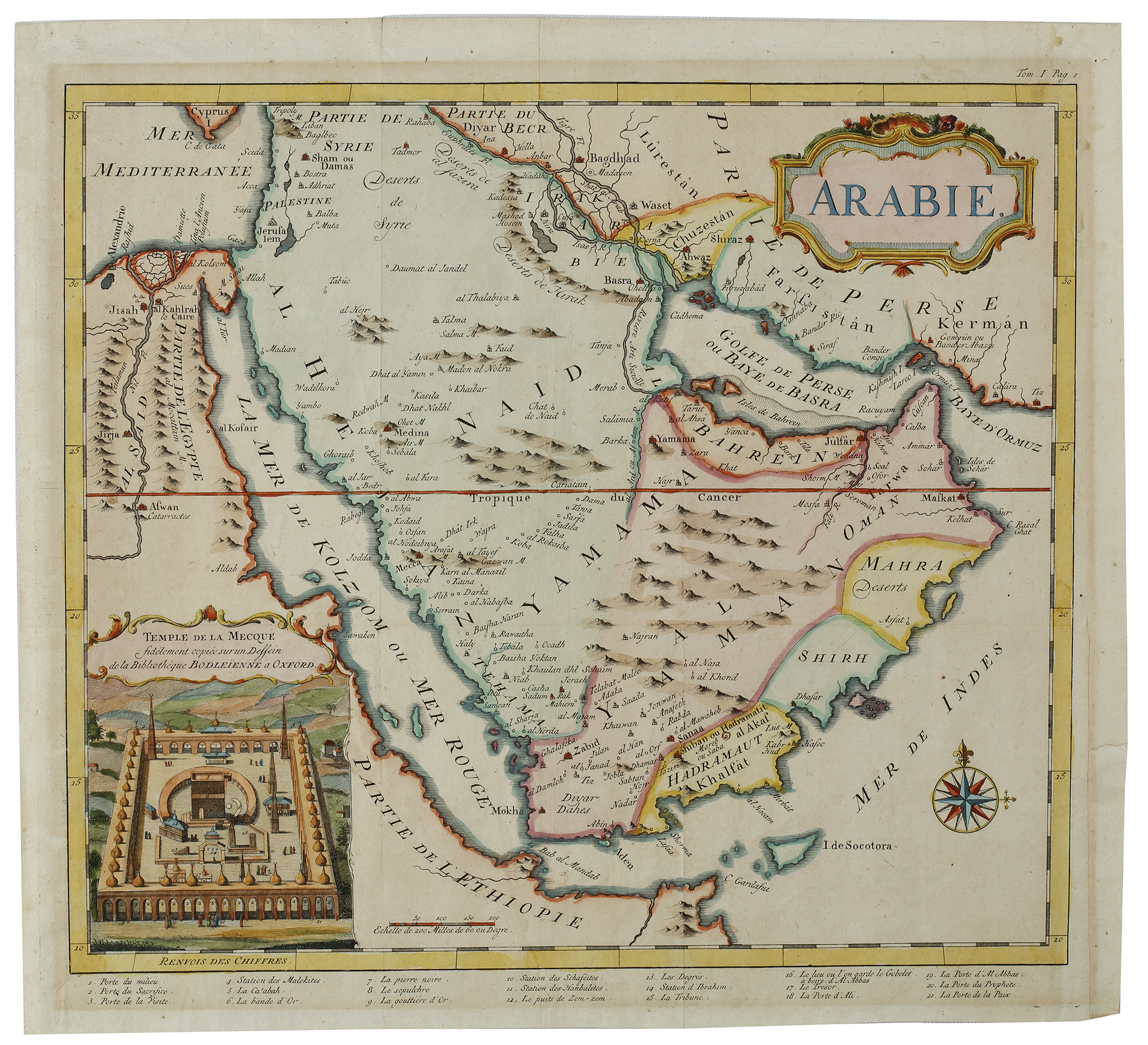 A FRENCH MAP OF THE ARABIAN PENINSULA WITH LARGE INSET OF THE GREAT MOSQUE OF MECCA, 18TH CENTURY