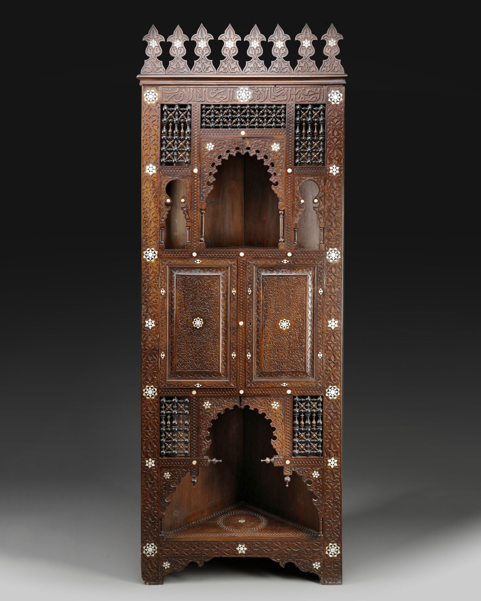 A SYRIAN BONE INLAID HARDWOOD CORNER CABINET, 19TH CENTURY - Image 2 of 2