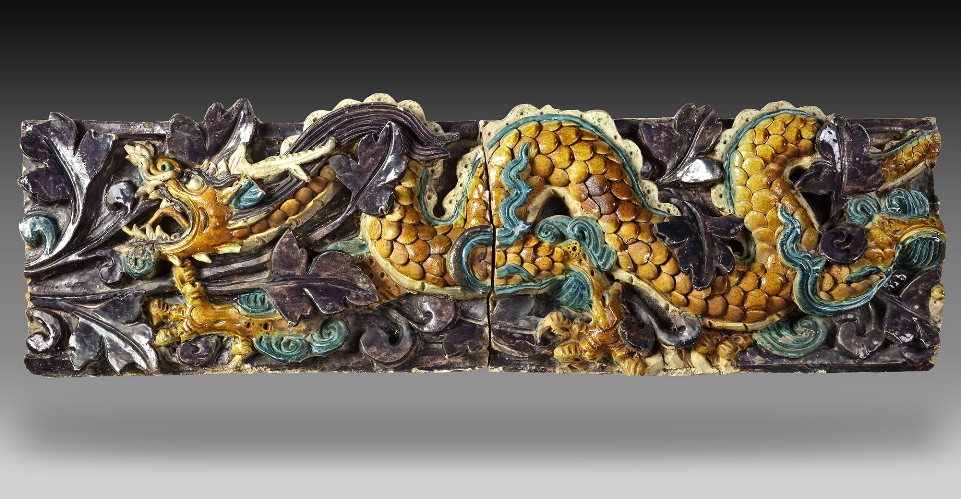 TWO CHINESE 'FAHUA' GLAZED 'DRAGON' TILES, LATE MING DYNASTY (1368-1644 AD)