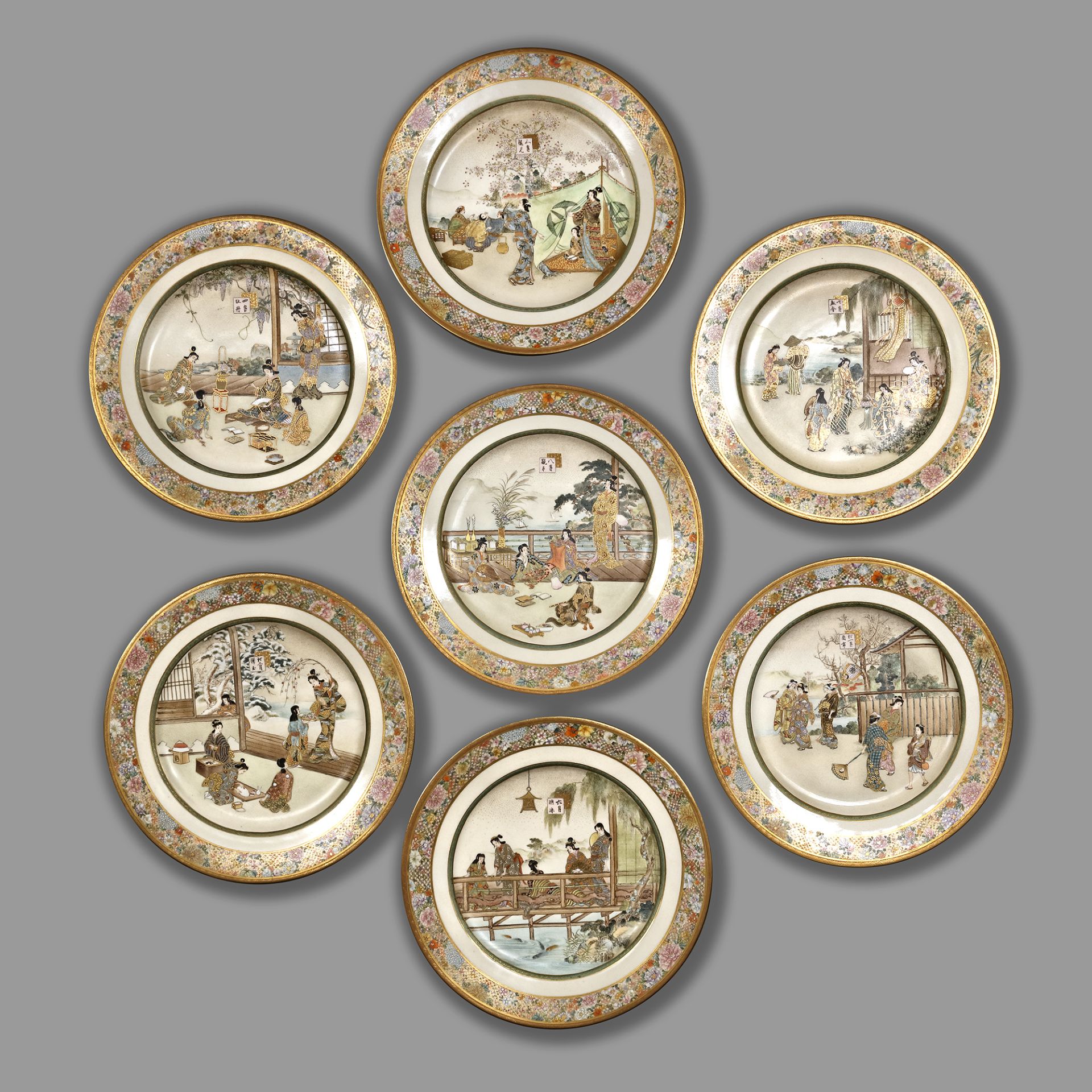 A SET OF SEVEN SATSUMA PLATES, THE KINKOZAN WORKSHOP, MEIJI PERIOD