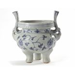 A CHINESE BLUE AND WHITE TRIPOD CENSER, MING DYNASTY (1368-1644)