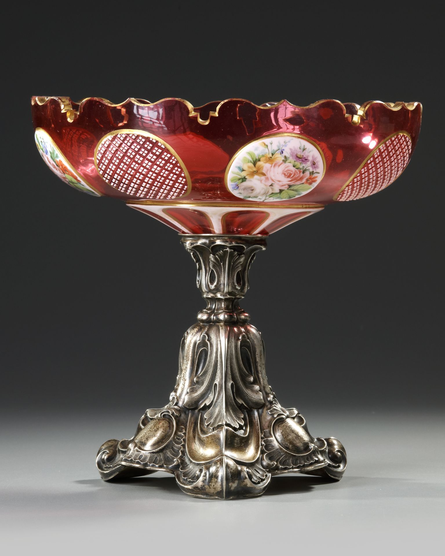 A BOHEMIAN FRUIT BOWL WITH SILVER FOOT, EARLY 19TH CENTURY