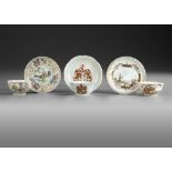 THREE CHINESE FAMILLE ROSE CUPS AND SAUCERS, 18TH CENTURY