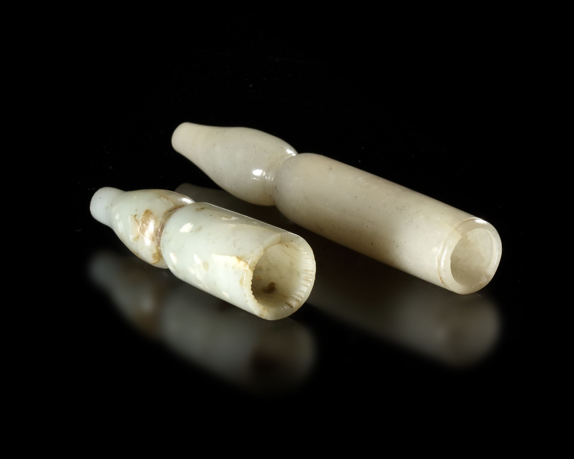 TWO MUGHAL PALE OLIVE GREEN MUGHAL JADE MOUTHPIECES, 18TH-19TH CENTURY - Image 4 of 4