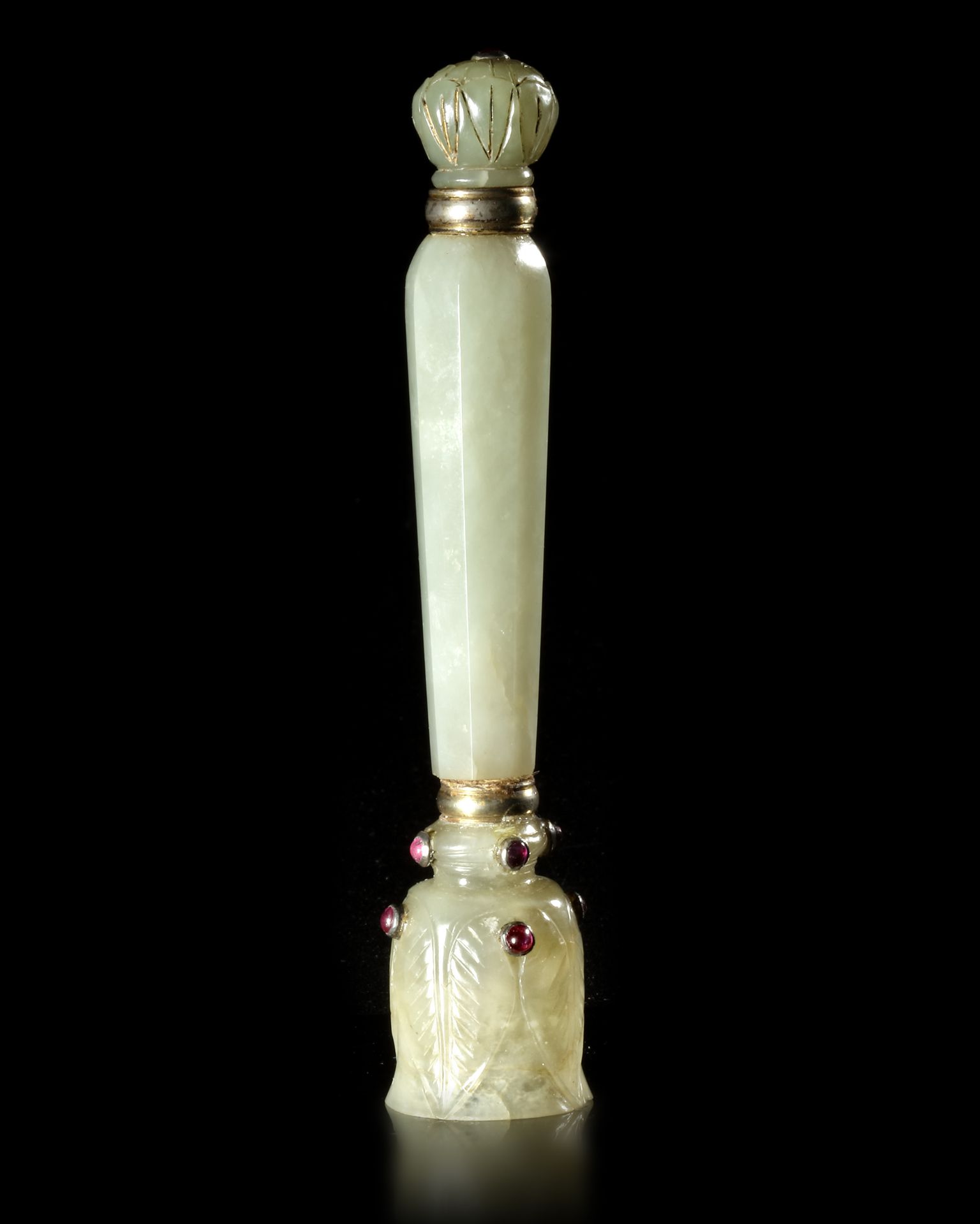 A MUGHAL GEM-SET CARVED JADE FLY WHISK, INDIA, 18TH CENTURY