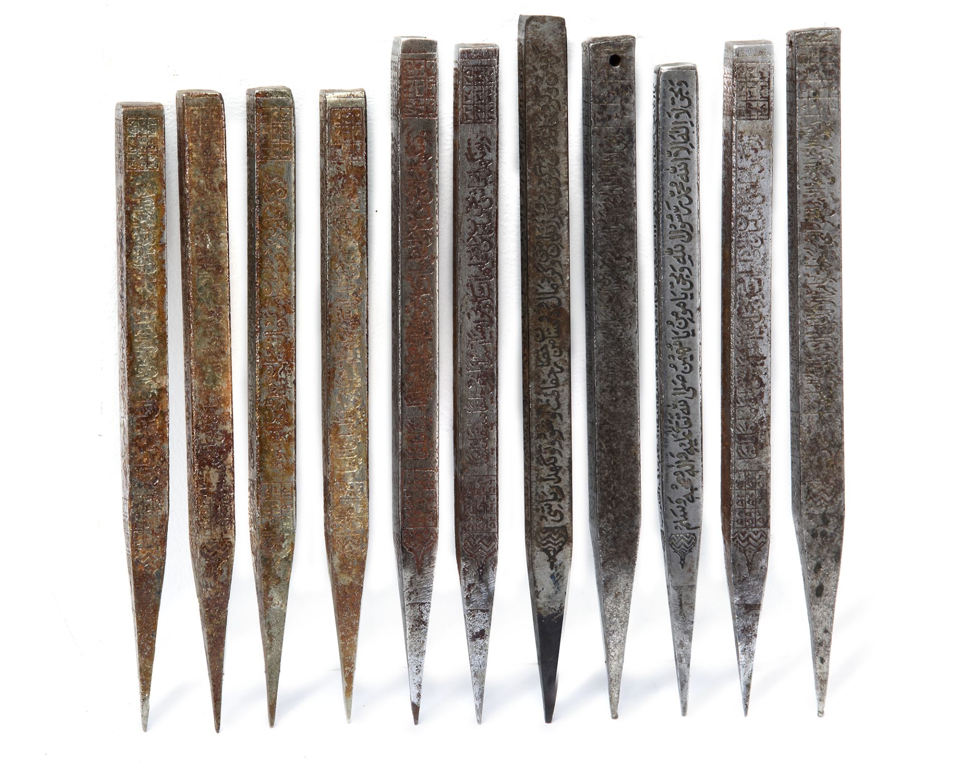 A PERSIAN SET OF ELEVEN INSCRIBED STEEL DIVINATION RODS, 19TH CENTURY