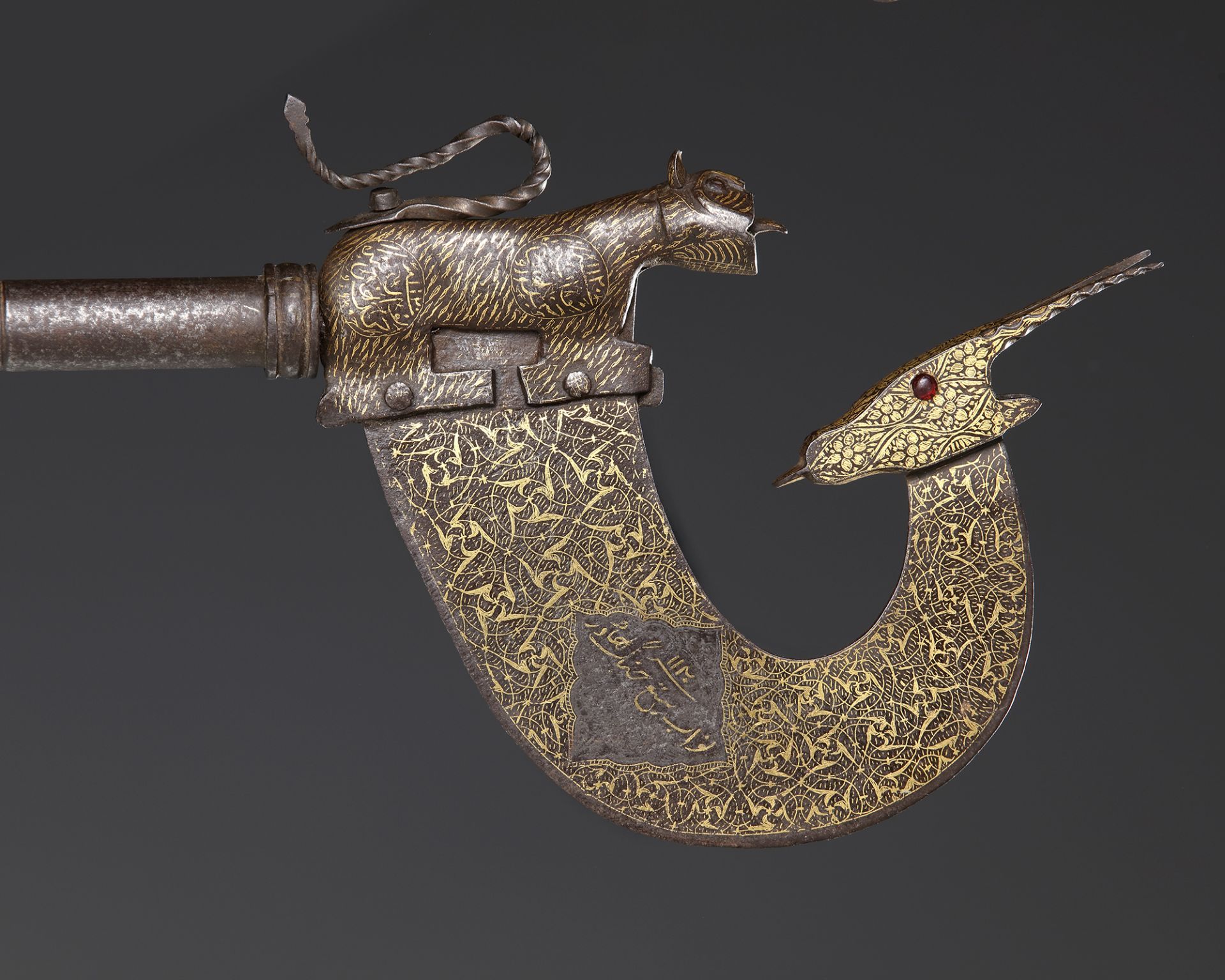 A CEREMONIAL GOLD-DAMASCENED STEEL AXE, INDIA DATED 1120 AH/1708 AD - Image 3 of 4