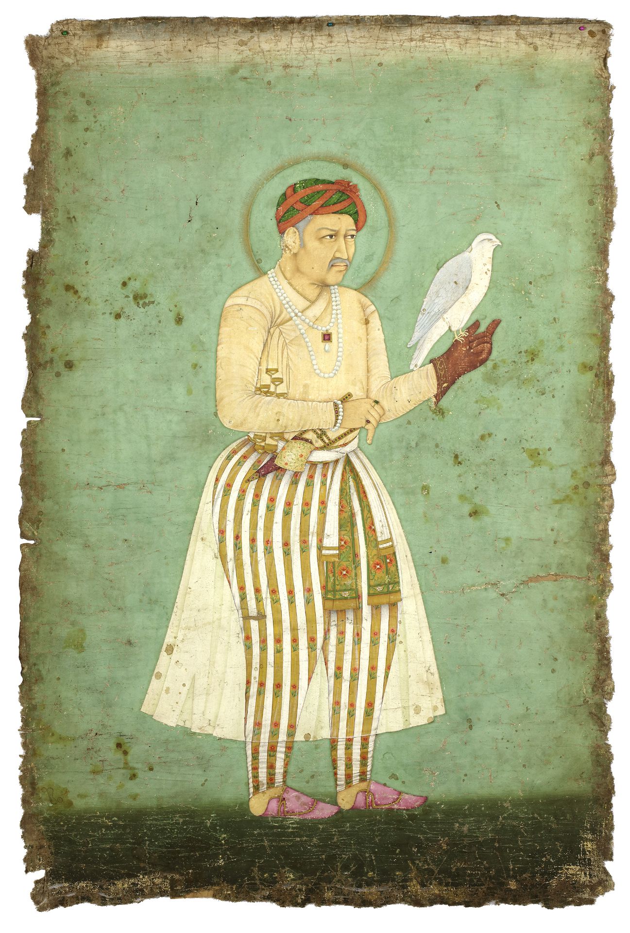 A MONUMENTAL PORTRAIT OF THE EMPEROR AKBAR, MUGHAL, INDIA, LATE 17TH-EARLY 18TH CENTURY