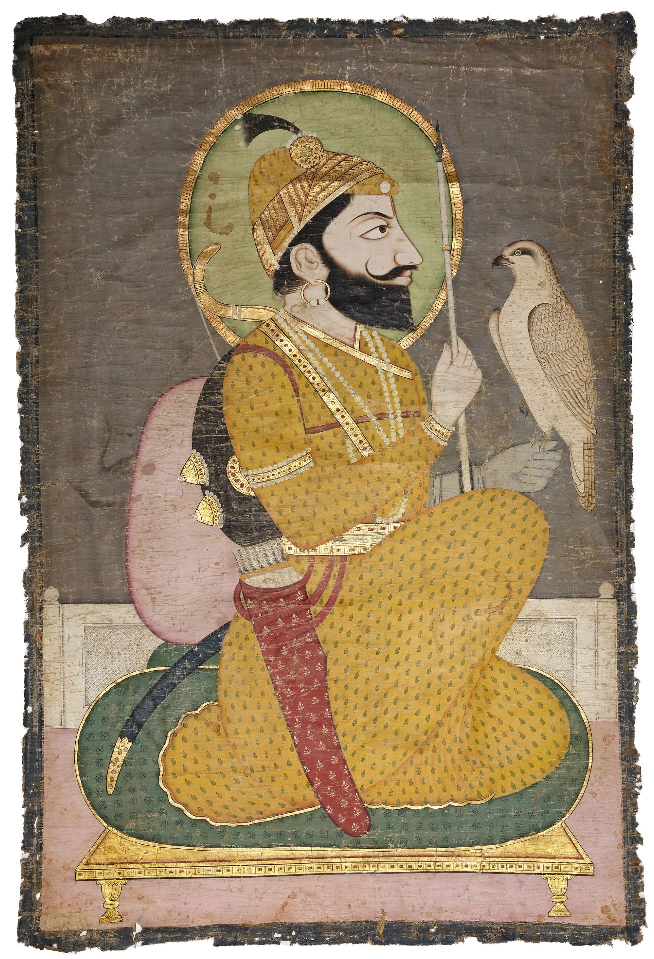 GURU GOBIND SINGH SEATED WITH A FALCON, PUNJAB, NORTH INDIA, 19TH CENTURY