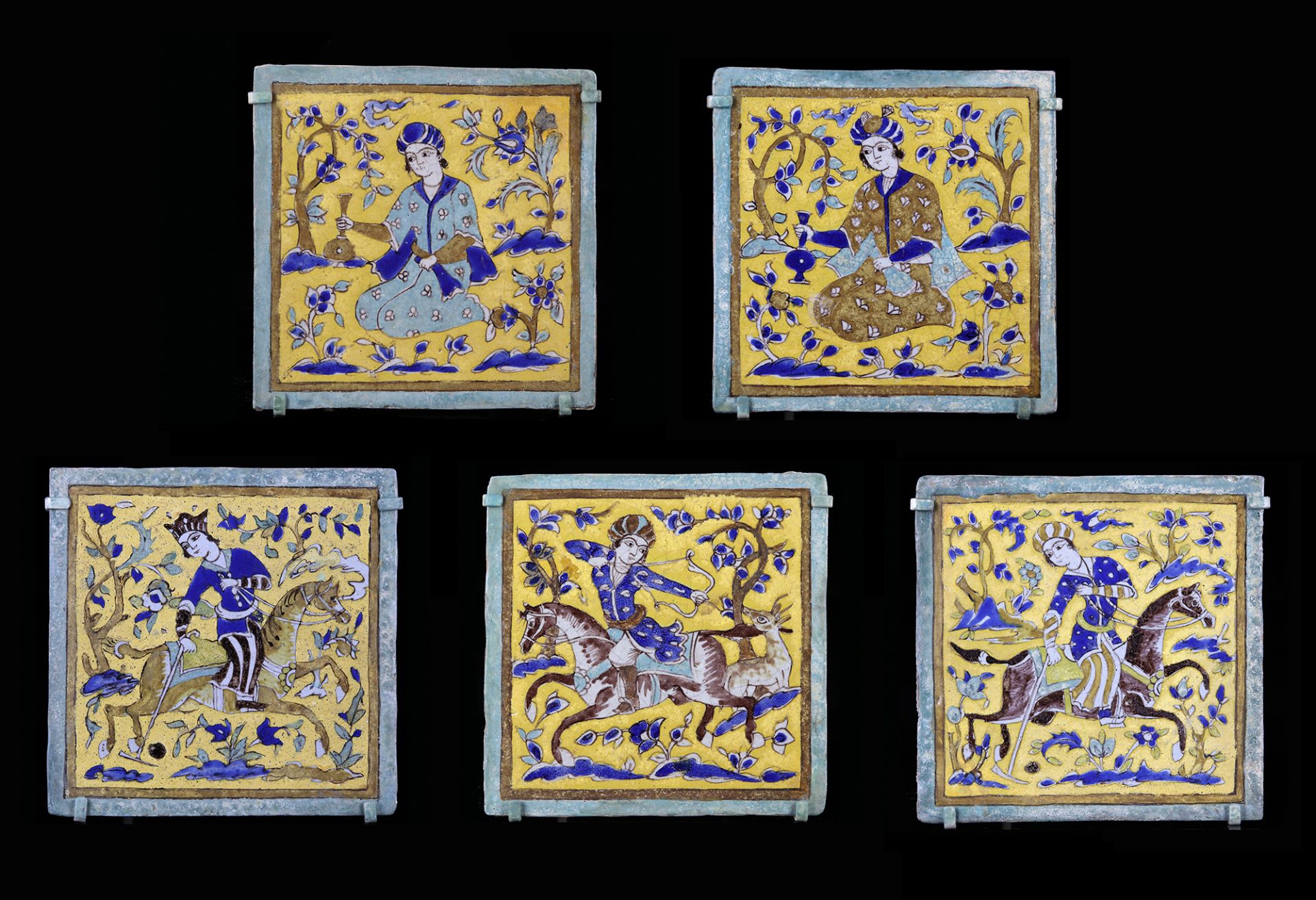 FIVE CUERDA SECA POTTERY TILES, PERSIA ZAND DYNASTY, 18TH CENTURY