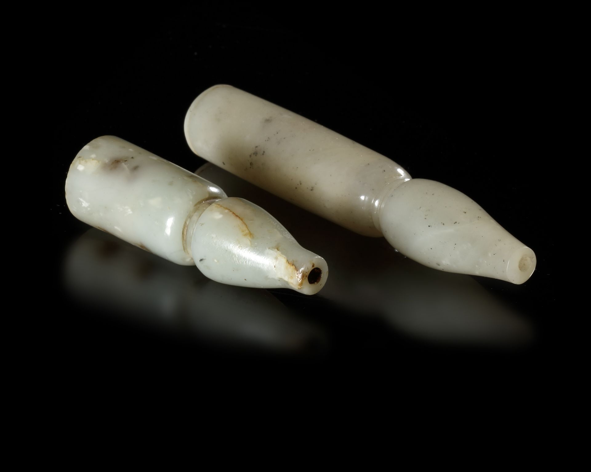 TWO MUGHAL PALE OLIVE GREEN MUGHAL JADE MOUTHPIECES, 18TH-19TH CENTURY - Image 3 of 4