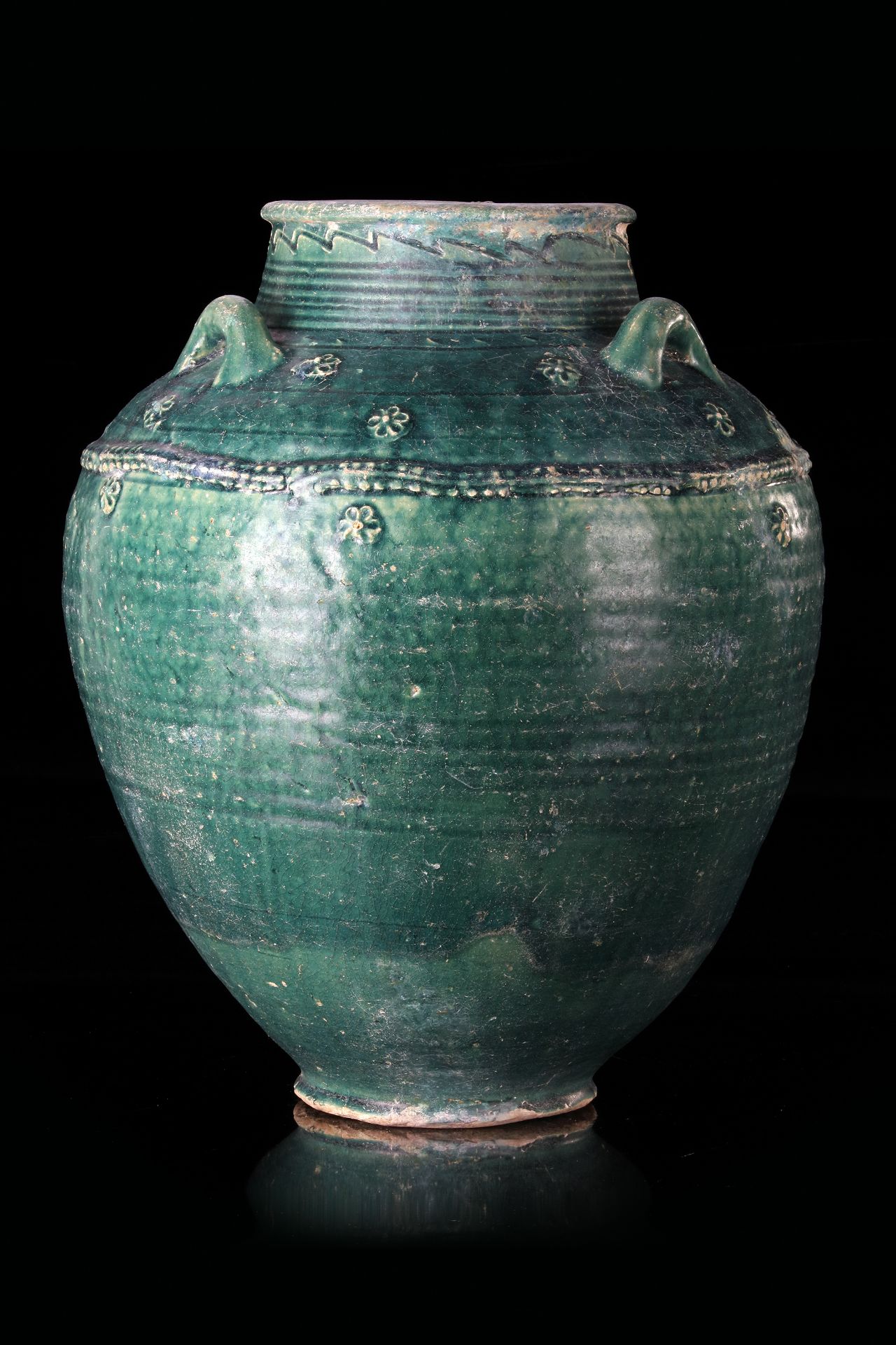 A LARGE POST SASSANIAN TURQUOISE GLAZED POTTERY STORAGE JAR, PERSIA, 6TH-8TH CENTURY
