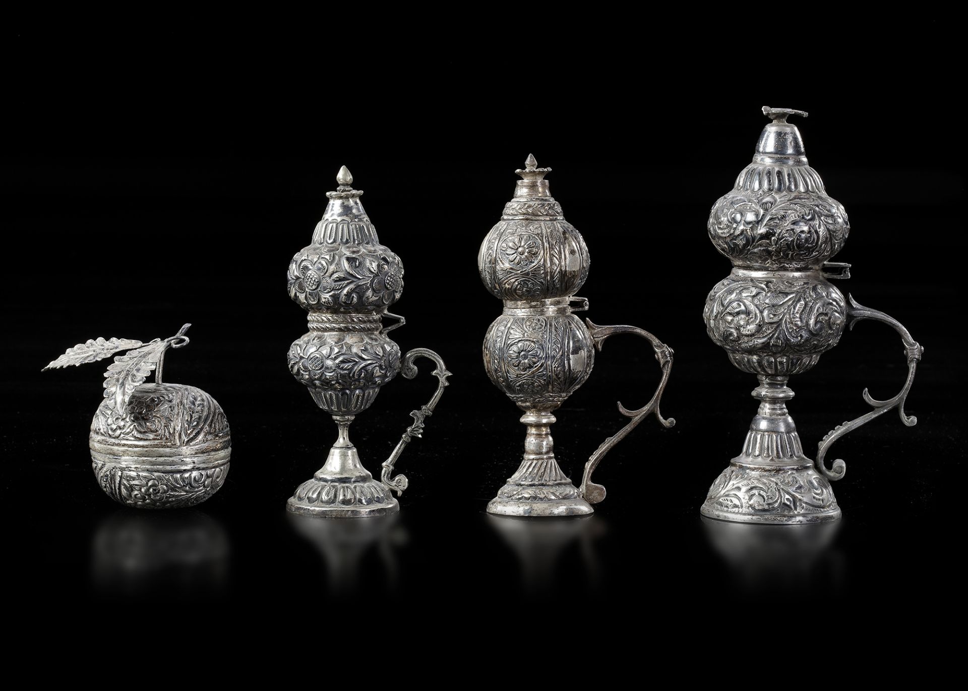 FOUR OTTOMAN SILVER INCENSE BURNERS, TURKEY, 19TH CENTURY