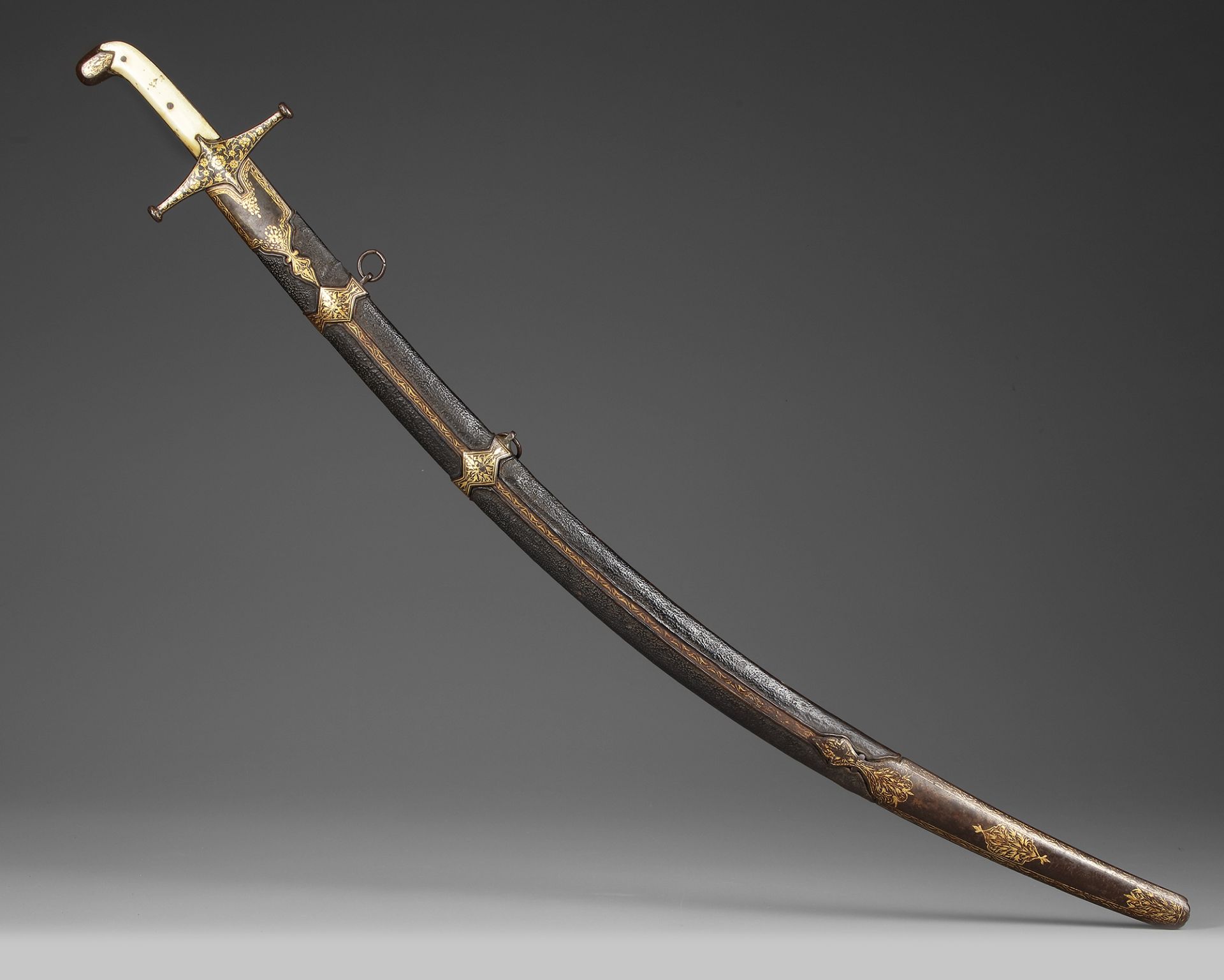 AN IVORY-HILTED WATERED-STEEL SWORD (SHAMSHIR), PERSIA DATED 1244 AH/1828 AD