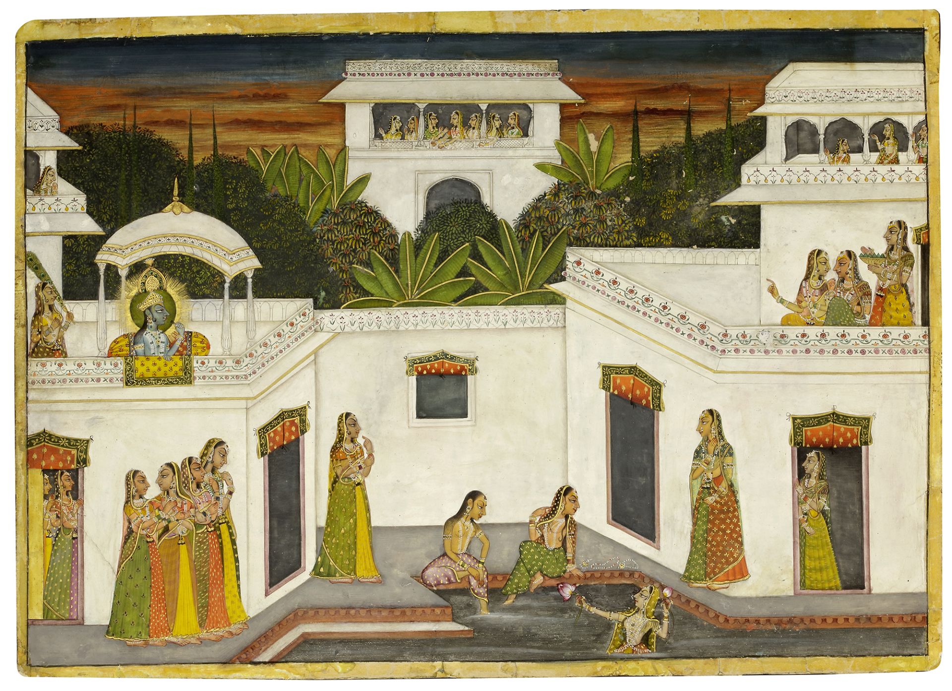 KRISHNA AND RADHA AT A PALACE COURTYARD, KISHANGARH, RAJASTHAN, NORTH WEST INDIA, LATE 18TH CENTURY