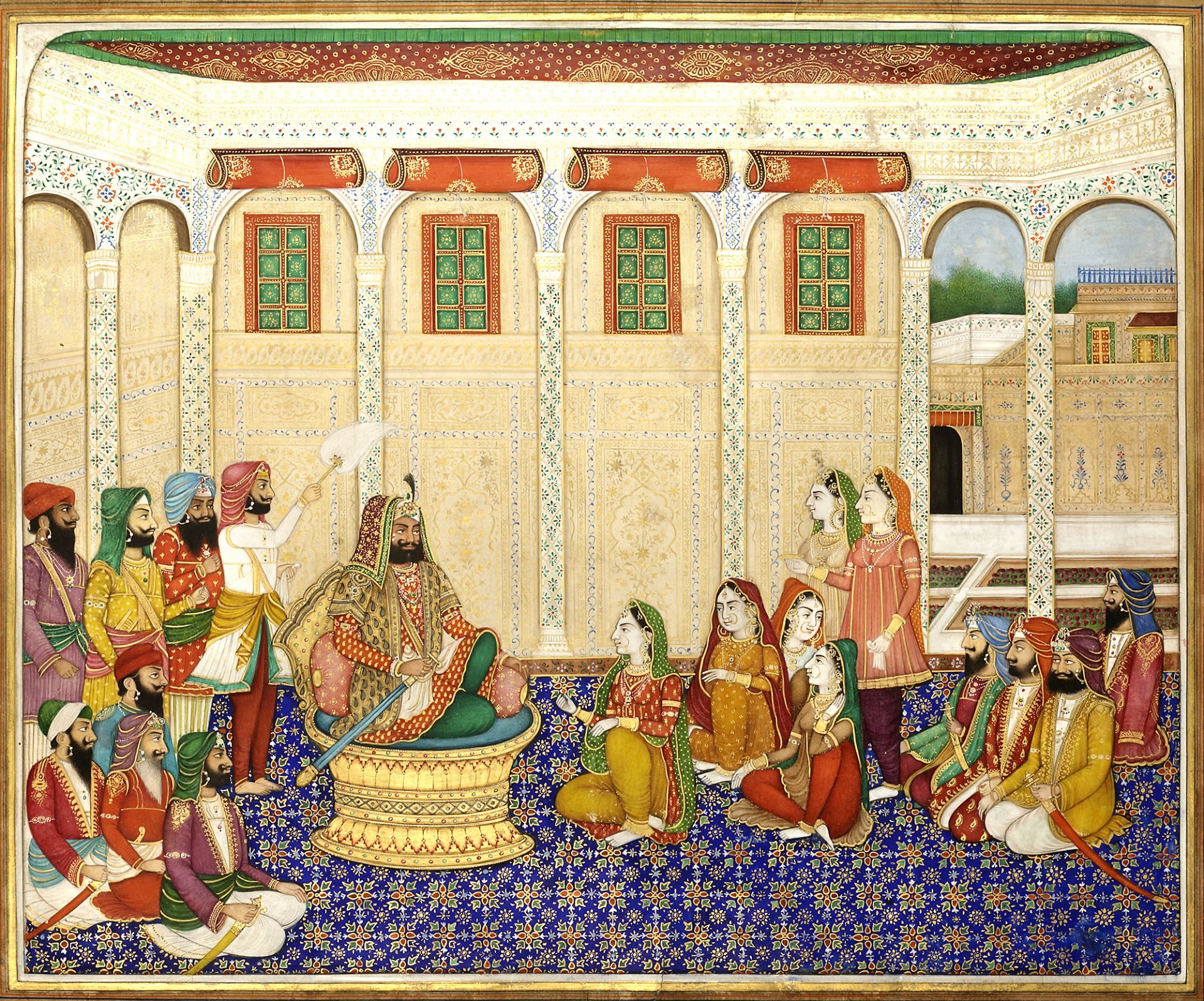 MAHARAJA SHER SINGH IN DURBAR (B. 1807-D.1843), ENTHRONED WITH ATTENDANTS, ATTRIBUTED TO BISHEN SING