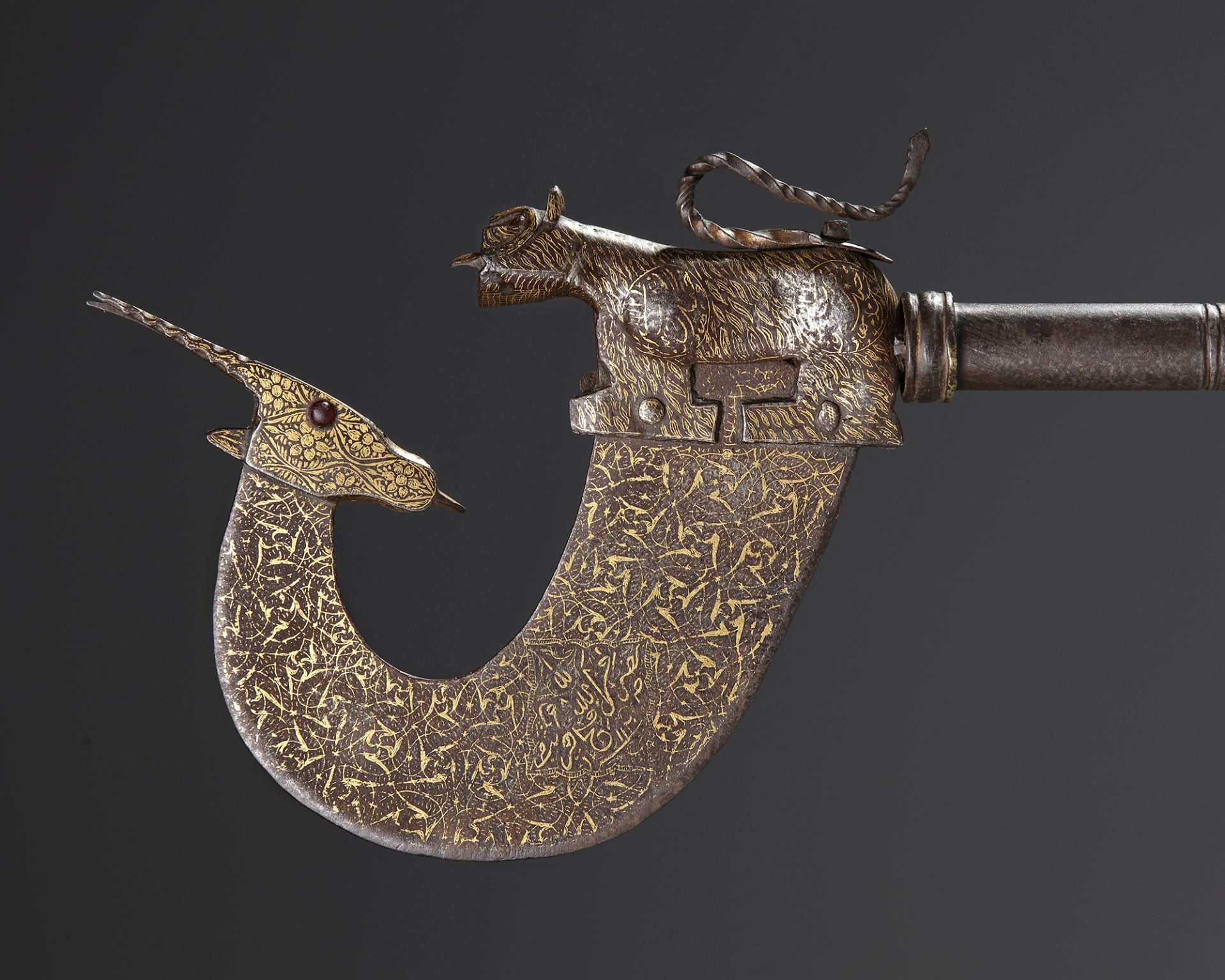 A CEREMONIAL GOLD-DAMASCENED STEEL AXE, INDIA DATED 1120 AH/1708 AD - Image 2 of 4