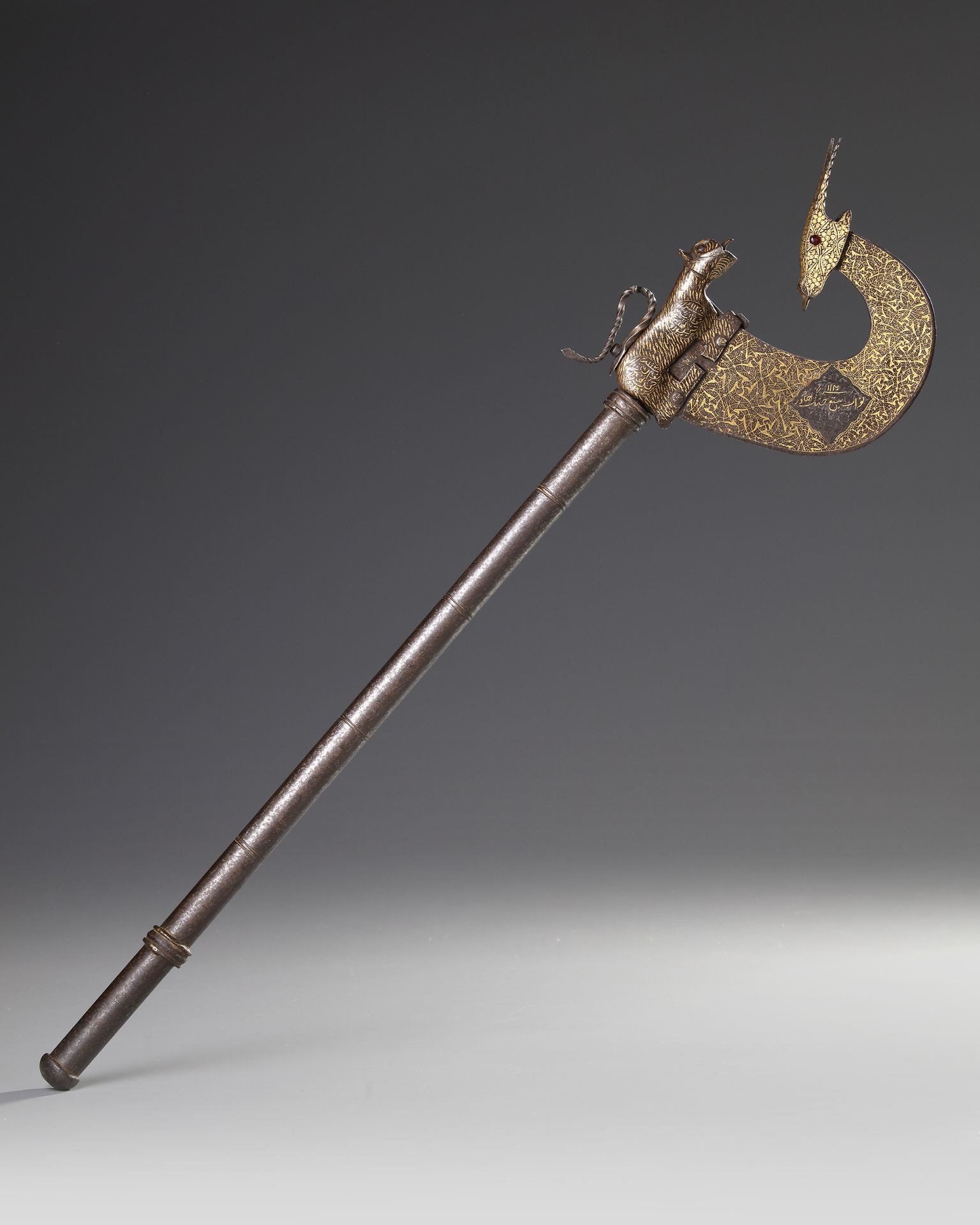 A CEREMONIAL GOLD-DAMASCENED STEEL AXE, INDIA DATED 1120 AH/1708 AD - Image 4 of 4