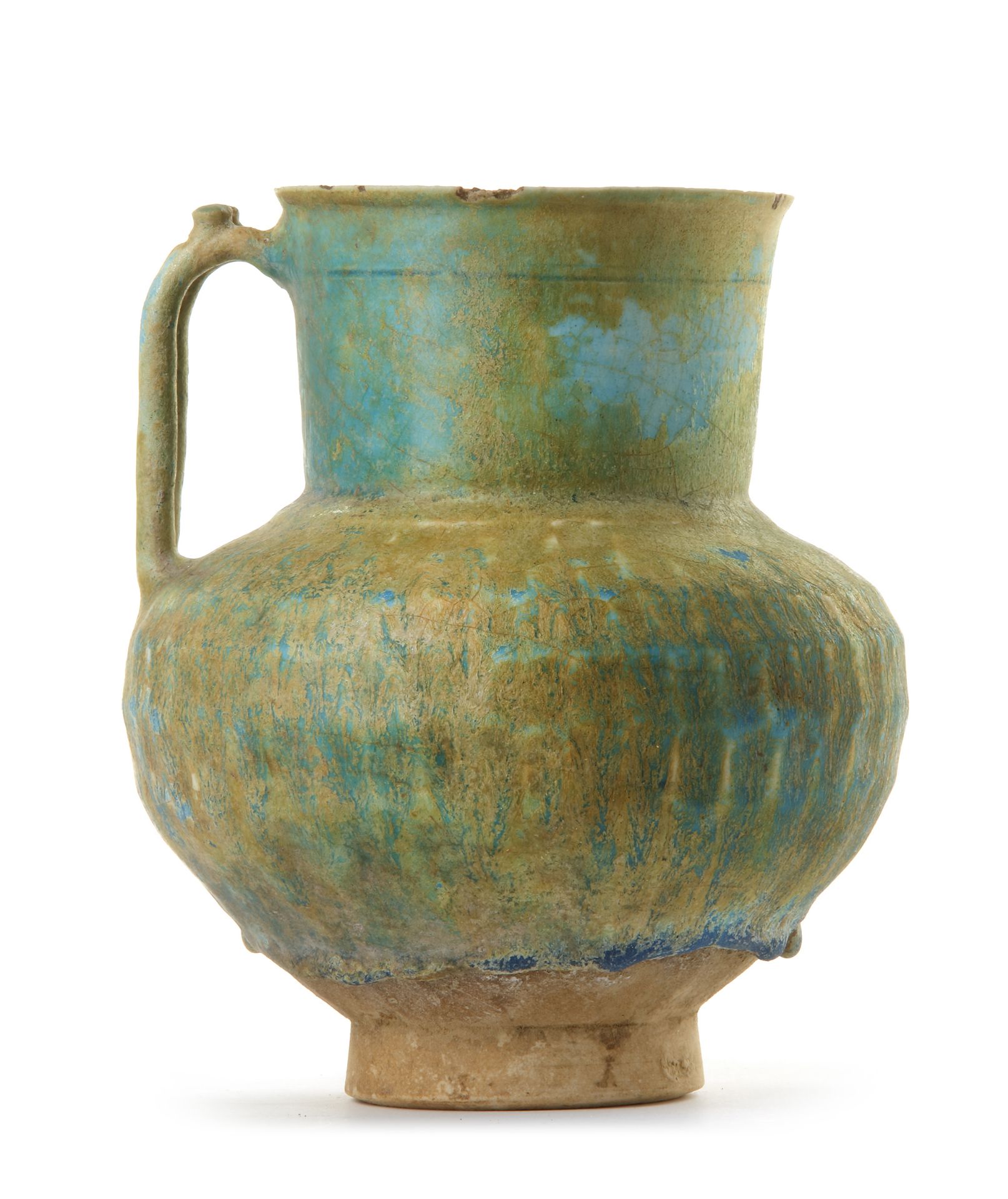 AN IRIDESCENT TURQUOISE BLUE GLAZED POTTERY JUG, KASHAN, 12TH CENTURY