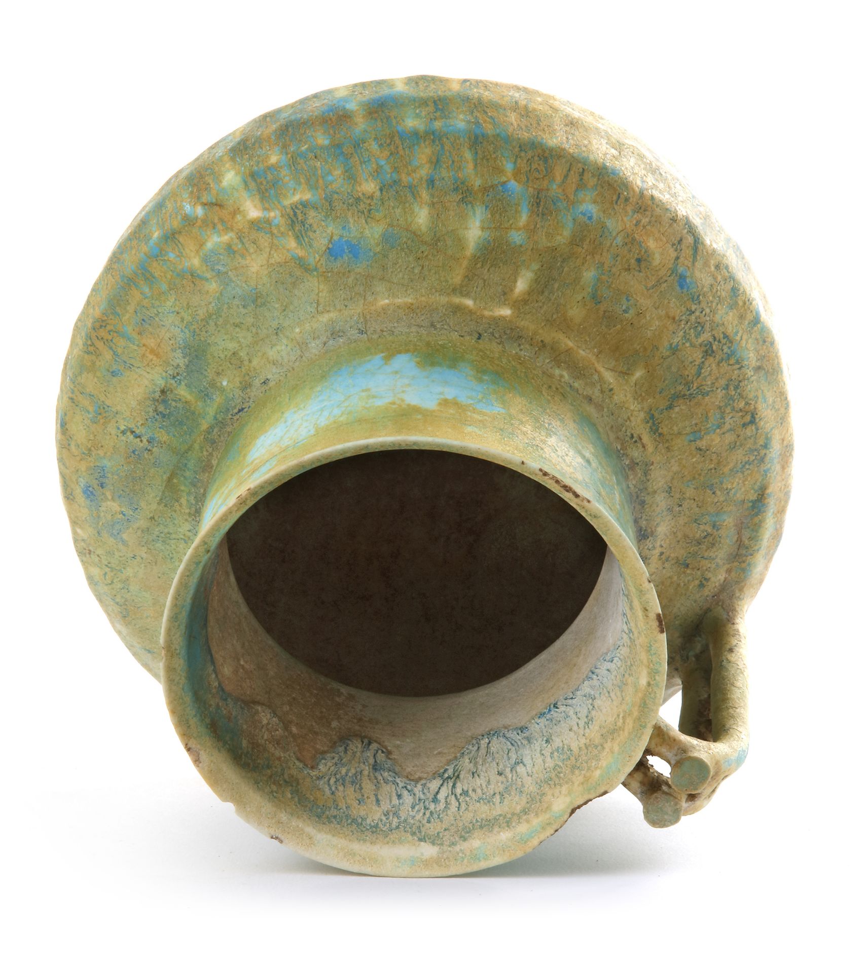 AN IRIDESCENT TURQUOISE BLUE GLAZED POTTERY JUG, KASHAN, 12TH CENTURY - Image 4 of 5