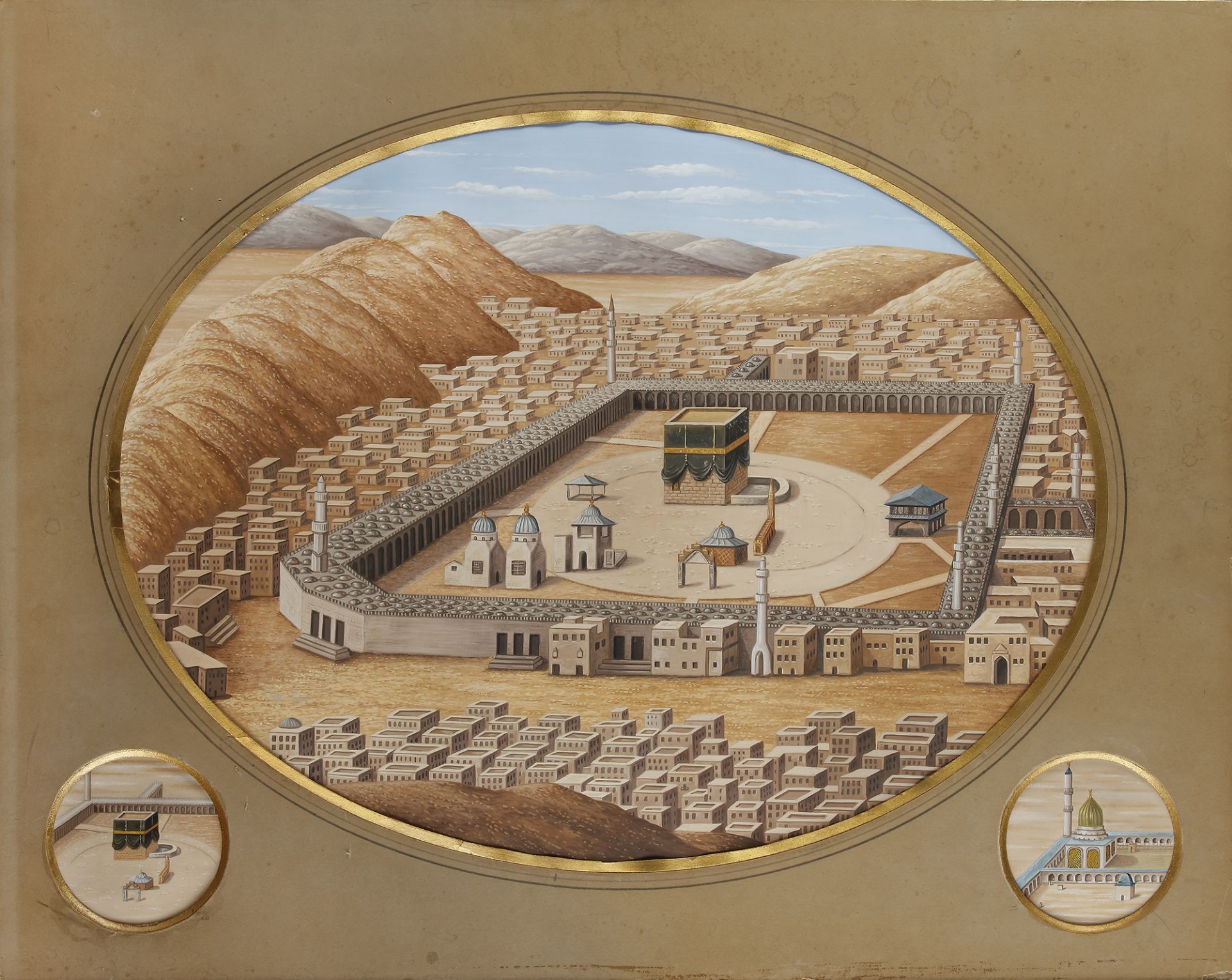 A PAIR OF LARGE PAINTINGS DEPICTING MECCA AND MEDINA, OTTOMAN TURKEY, 19TH CENTURY - Image 2 of 3