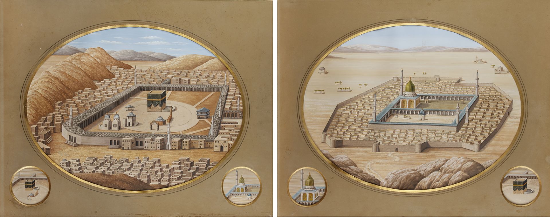 A PAIR OF LARGE PAINTINGS DEPICTING MECCA AND MEDINA, OTTOMAN TURKEY, 19TH CENTURY