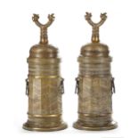 A PAIR OF LARGE SAFAVID STYLE ENGRAVED BRASS TORCH STANDS, PERSIA, 18TH-19TH CENTURY