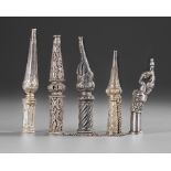 FIVE SILVER HOOKAH MOUTHPIECES, PERSO-INDIA, 19TH CENTURY