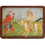 AN ILLUSTRATION FROM A DEVI MAHATMYA SERIES: DURGA CONFRONTS A DEMON INDIA, PUNJAB HILLS, MANDI OR B