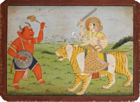 AN ILLUSTRATION FROM A DEVI MAHATMYA SERIES: DURGA CONFRONTS A DEMON INDIA, PUNJAB HILLS, MANDI OR B