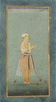 A STANDING PORTRAIT OF A MUGHAL NOBLE, GOUACHE HEIGHTENED WITH GOLD ON PAPER, INDIA, CIRCA 18TH CENT