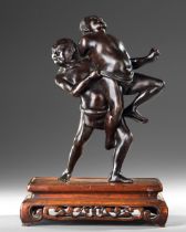 A JAPANESE BRONZE OKIMONO OF TWO SUMO WRESTLERS, MEIJI PERIOD (1886-1912)