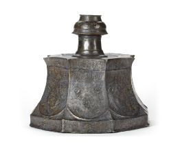 A SELJUK SILVER INLAID BRONZE CANDLESTICK, PERSIA, 12TH-13TH CENTURY