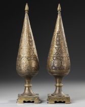 A PAIR OF QAJAR BRASS ENGRAVED INCENSE BURNERS, 19TH CENTURY