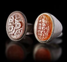 TWO AGATE SEAL SILVER RINGS